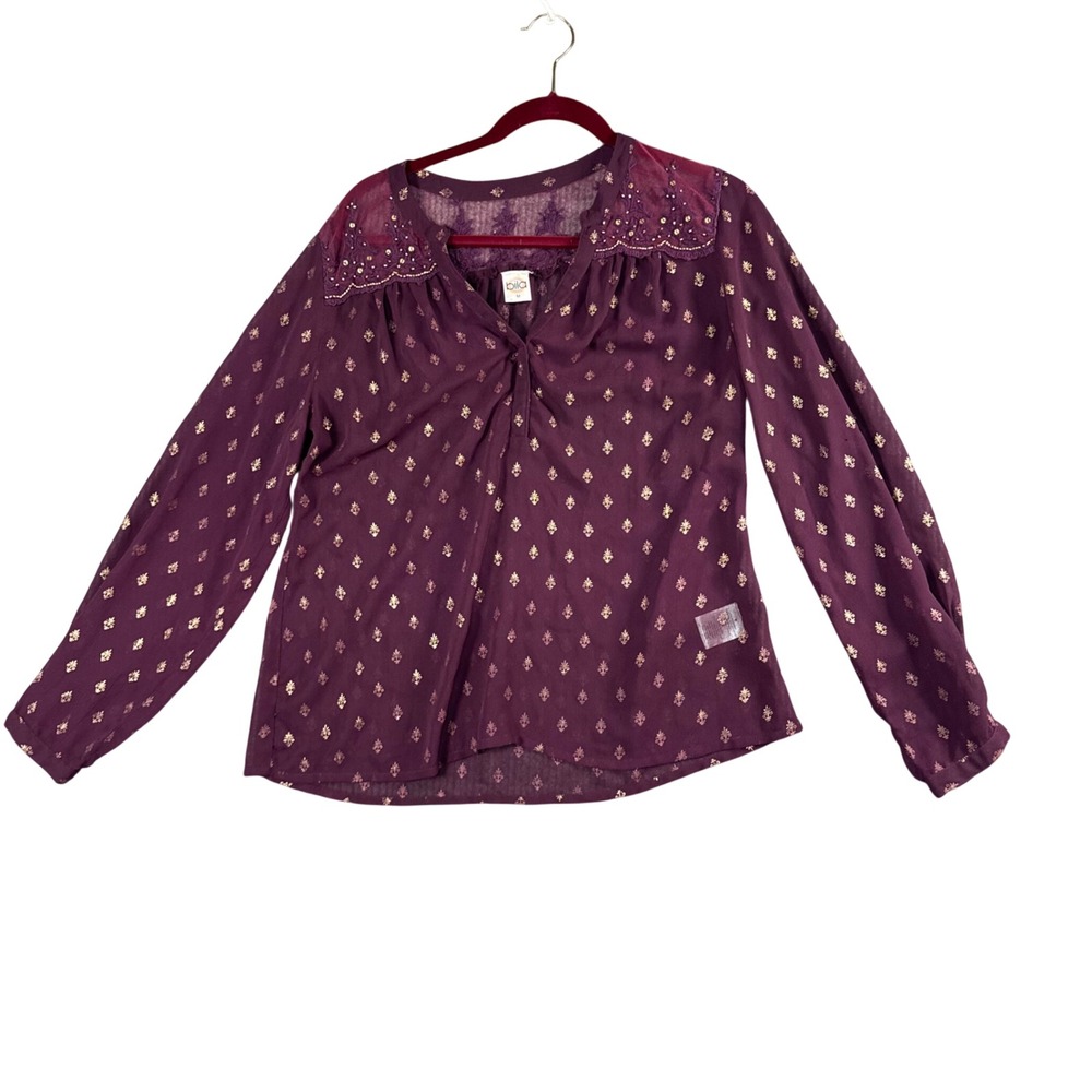 Bila Womens Burgundy Gold Print‎ V Neck Button Up Blouse Romantic Chic M